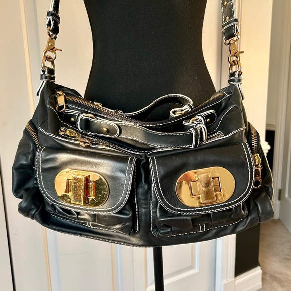 Badgley Mischka Black Leather Purse with Gold Hardware - Picture 2 of 9